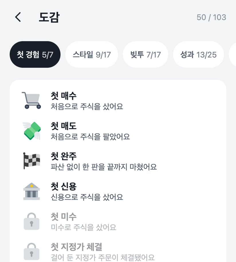103가지 도감 중 50개를 모은 시연 프로필: 첫 매수, 첫 매도, 첫 완주 등의 기록